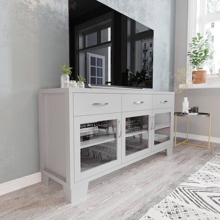 Flash Furniture Wells White 59 Inch Storage Cabinet, Engineered Wood, 3 Tempered Glass Doors and 3 Drawers EV-CA7515-01ZZ-WH-GG
